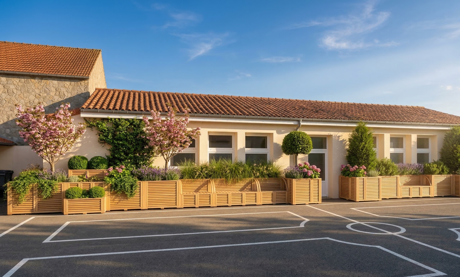 Cour d'école désimperméabilisée équipée d'arboricomposteurs et bancs végétalisés — projet Chignolle, conformité loi Climat et Résilience